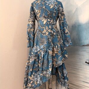 Blue Floral Long Sleeve Maxi Dress with Ruffle Hem #134